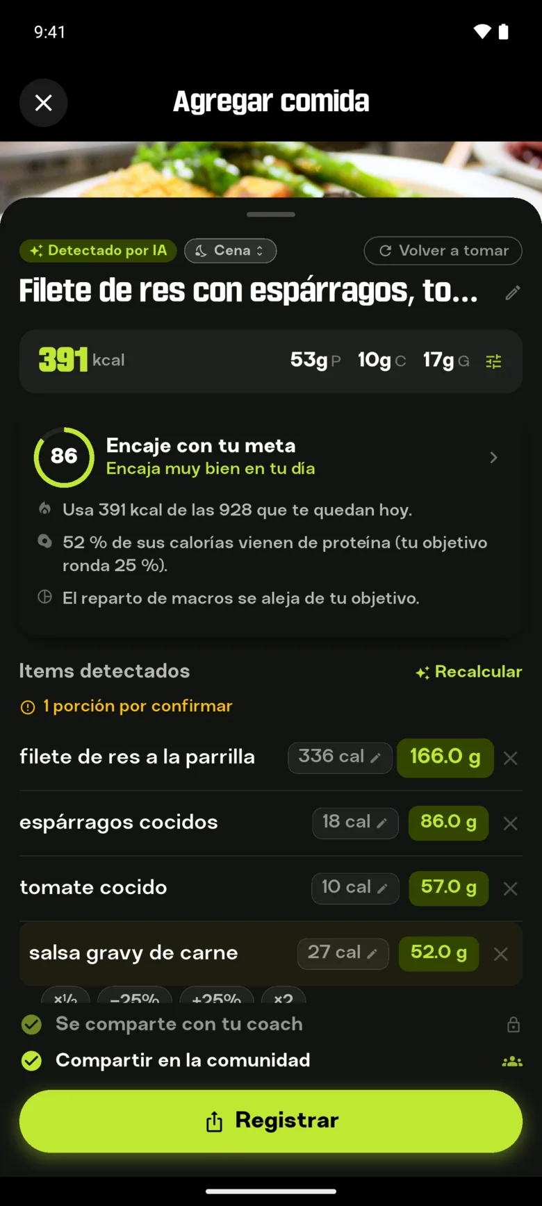 Pantalla de la app: un filete con espárragos analizado, 391 kcal que encajan con la meta del día