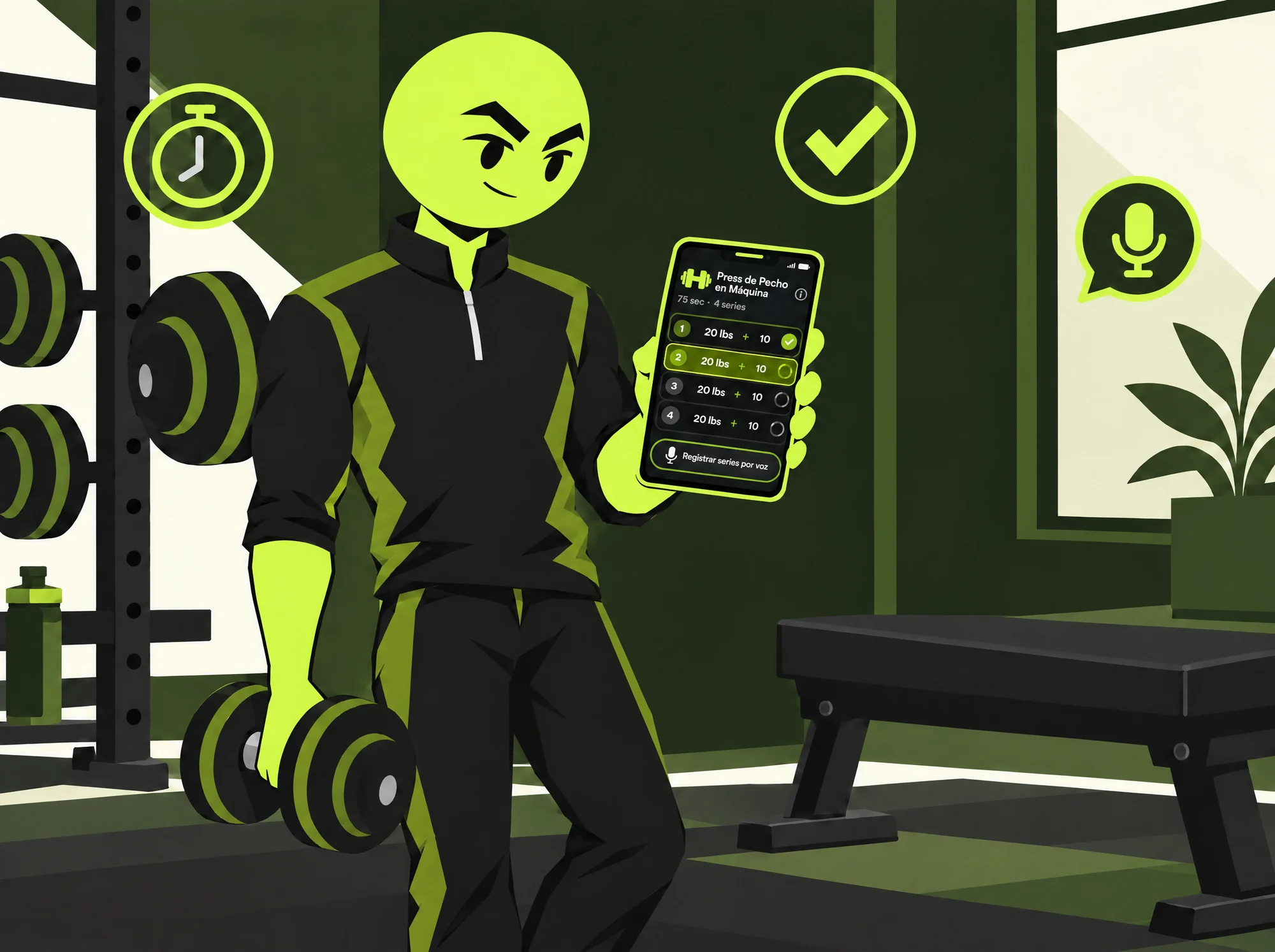 Strivy descansa entre series en el gimnasio, con la mancuerna a su lado, y mira en su teléfono la siguiente serie del día